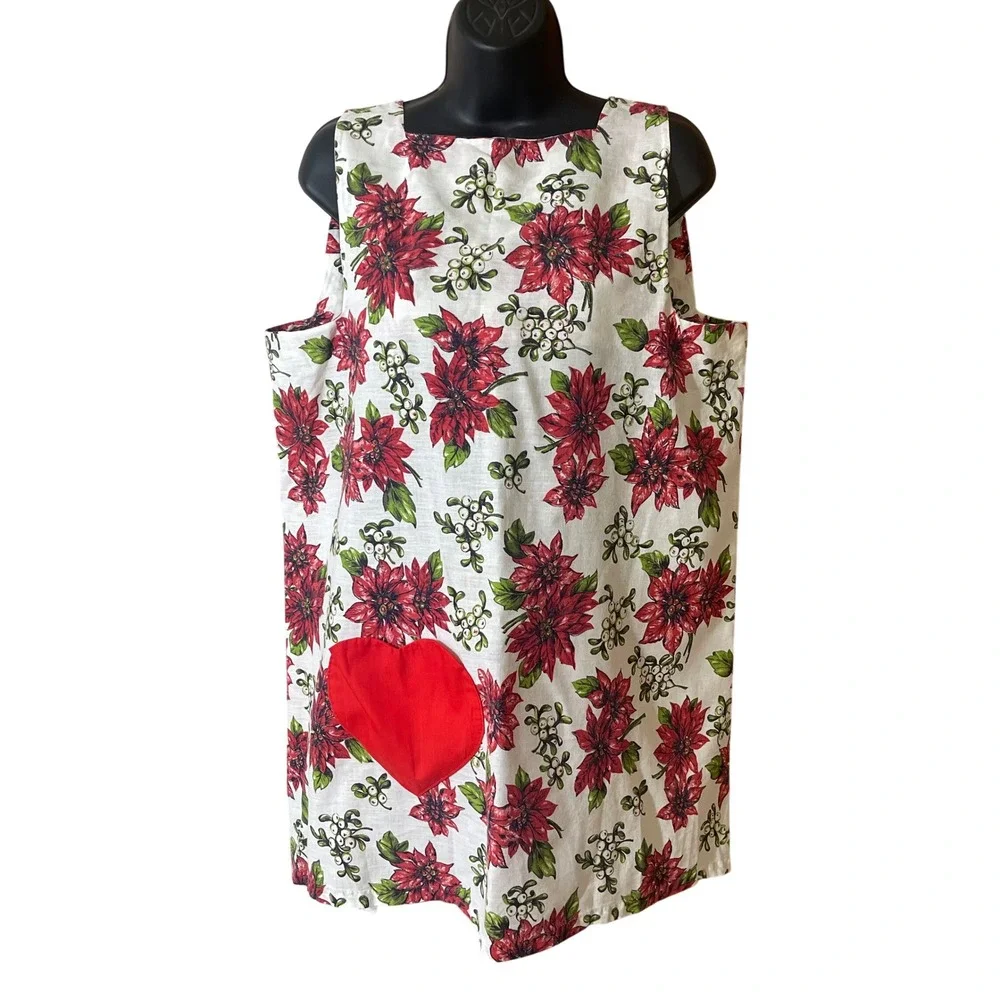 Vintage Handmade Poinsettia Heart Pocket Pinafore Apron White Red